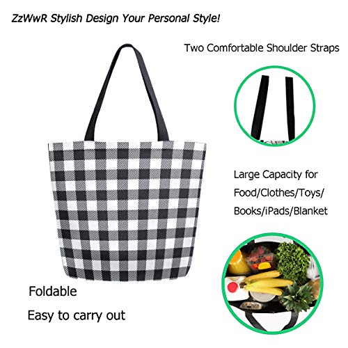 Zzwwr Chic Black White Plaid Pattern Extra Large Canvas Shoulder Tote Top Storage Handle Bag For Gym Beach Weekender Travel Reusable Grocery Shopping #TOP1