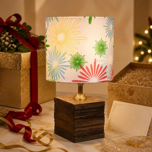 Image of tu casa Bedside Table Lamp Wooden Base Floral Shade Warm Light 12 inch