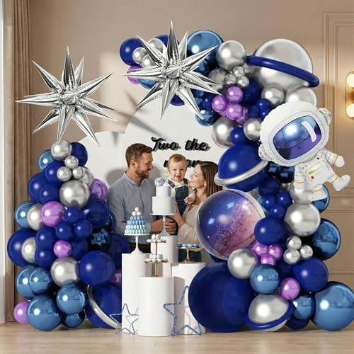 Kit arche de ballons spatiaux argentés et bleu marine chic