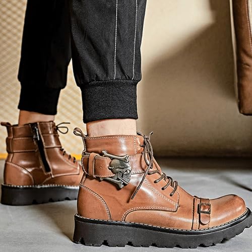 Men's Punk Rock Motorcycle Boots, Gothic Skull Design Lace-Up Mid Calf Leather Boots with Platform, Gift for Biker Lover3