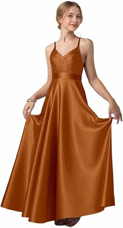 Girls Pleated Junior Bridesmaid Dress for Wedding Satin Pageant Flower Girl Dresses for Teens Girls