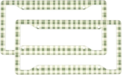 2 Pcs Car License Plate Frames for Women Men - Aluminum Solid Vintage Green Plaid Print License Plate Cover for Car Accessories for Women Men with