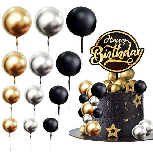 43 Stück Tortendeko Kugeln, Schaumkugeln Cupcake Topper, Happy Birthday Cake Topper, für Tortendeko Geburtstag Hochzeit Hochzeitstag Babyparty(Gold/Silber/Schwarz) Cover