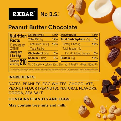 Image of RXBAR Protein Bars, Protein Snack, Snack Bars, Peanut Butter Chocolate, 18.3oz Box (10 Count) (Pack of 6)