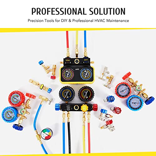 Orion Motor Tech Ac Gauges, Ac Manifold Gauge Set For R134A R12 R502 Refrigerant, 3 Way Car Ac Gauge Set With 5Ft Hoses Couplers & Adapter, Puncturing & Self Sealing Can Tap Freon Charge Kit #TOP6