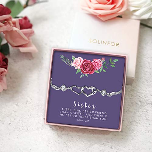 Solinfor Sister Bracelet - Sterling Silver Jewelry With Gift Wrapping, Card - Sister Gifts From Sister - Two Interlocking Hearts Bracelet For Women #TOP5