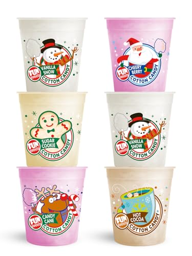 Fun Sweets Christmas Cotton Candy 6-pack - Assorted Holiday Flavors in 1.5 oz Resealable Tubs - Stocking Stuffer Christmas Candy Gifts - Stocking Stuffers for Boys and Girls - ChristmasBasket Stuffers