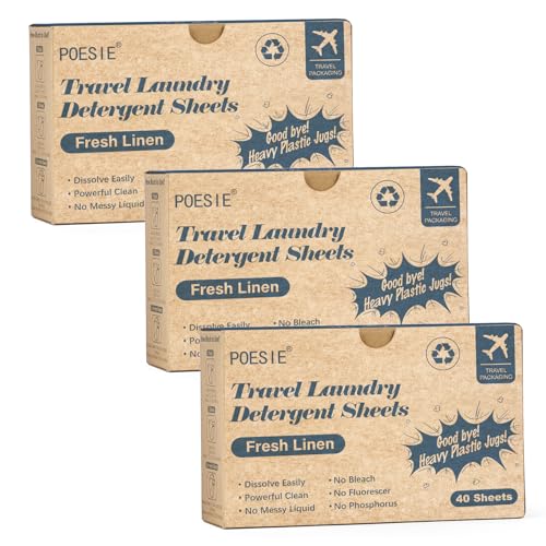 Poesie Hojas de detergente para ropa de viaje, 120 hojas, tiras de lavado de ropa sin líquido, aroma a lino fresco (paquete de 3, 40 hojas)