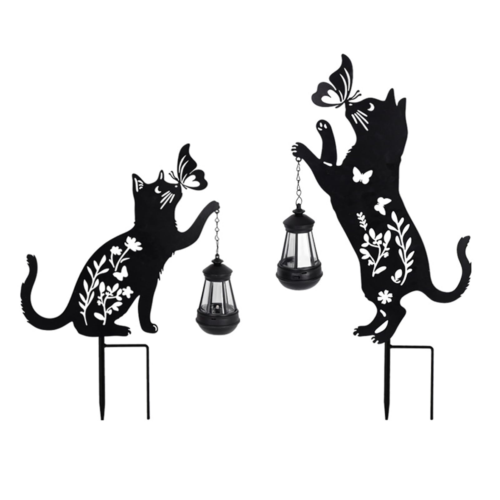 Wnvivi 2 Pcs Black Cat Yard Signs Stake Solar Lights,Decorative Cat Garden Stakes with Lantern,Metal Cat Solar Figurines Lights for Patio Yard Lawn Decor