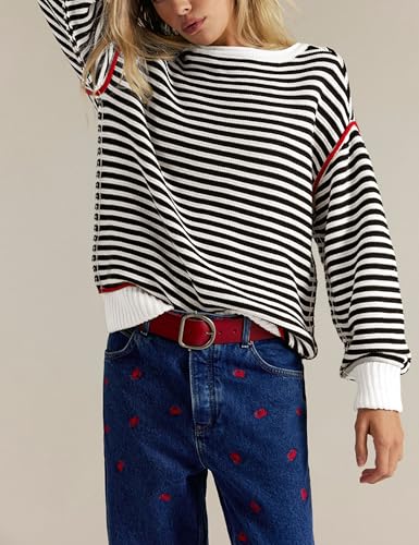 Womens Long Sleeve Striped Sweaters Casual Warm Crew Neck Knit Pullover Sweater Tops2