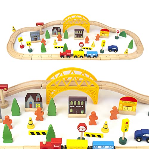 60Pcs Train Set For 3 Year Old Boys, Double-Side Wooden Train Set Tracks For Toddlers, Fits Brio, Thomas, Melissa And Doug, Kids Wood Train Toys For 3 4 5 Year Old Boys And Girls (60Pcs) #TOP3