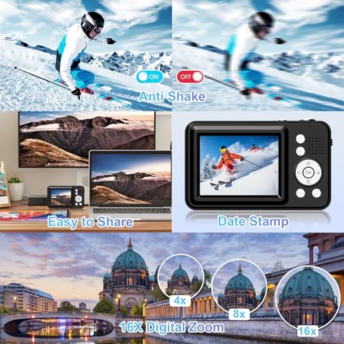 Image of Digital Camera, FHD 1080P Point and Shoot Kids Camera, with 32GB Card,16X Zoom Anti Shake,48MP Compact Portable Small, for Starter Kid Children Teen Student Girl Boy