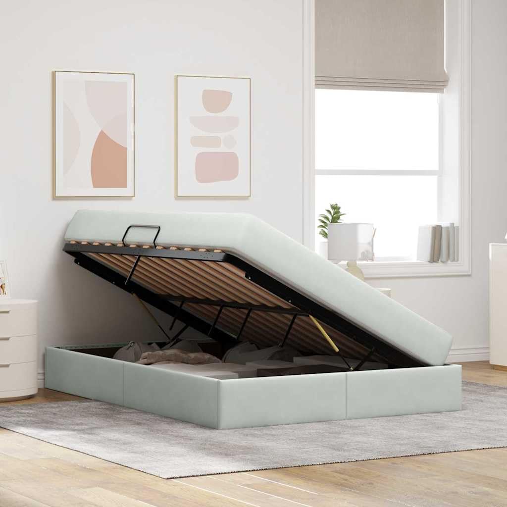 Cama de almacenamiento con colchón, gris claro, 140 x 200 cm, tela de terciopelo, cama doble con ascensor hidráulico y amplio espacio de almacenamiento para dormitorio
