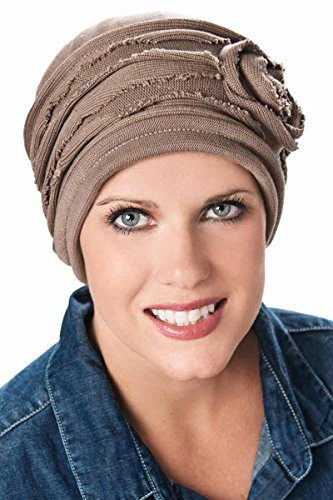 Headcovers Unlimited Distressed Rosette Beanie Hat - All Cotton Cancer Hats for Women Taupe