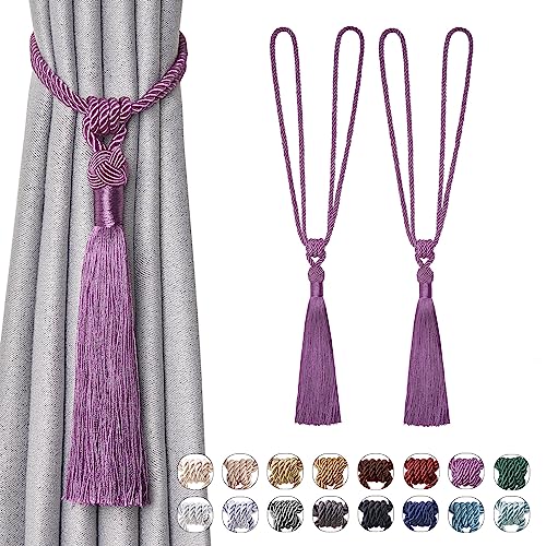 NICEEC 2 Pack Long Tassel Curtain Tiebacks Handmade Braided Rope Knot Drape Tie Backs European Style Decorative Curtain Holdbacks for Home & Office Window Drapery (Dull Purple)