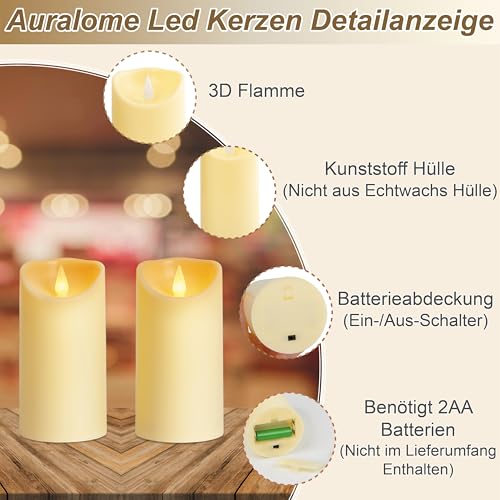 Auralome Led Kerzen mit Timerfunktion - Elektrische Stumpenkerzen Groß D7.5 cm Flackernde Fernbedienung Flammenlose LED Candles Draußen Batterie Candles Outdoor Künstliche Flamme Kerze 2 Stück