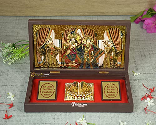 Image of GoldGiftIdeas 24 Carat Gold Plated Radhe Krishna Photo Frame with Charan Paduka Box for Home Decor, Hare Krishna Wooden Momento Gift, Return Gift for Wedding