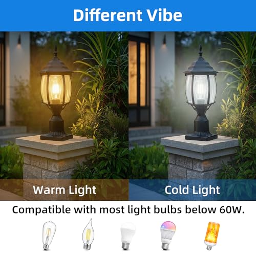 Image of 17 inch Black Outdoor Post Light Fixture, Pole Mount Outside Light for Garden Entrance Driveway Black Pillar Lantern 17 Inch Pier Mount Outdoor Lamp Post for Front Yard