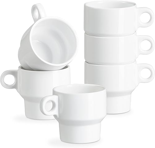 ONEMORE Juego de 6 tazas de café apilables de 8 onzas, tazas demitasse apilables de cerámica con asa, perfectas para café, expreso, té, café con