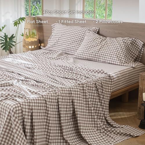 Image of MooMee Gingham Sheet Set 100% Washed Cotton Linen Like Textured Breathable Soft w /Fully Elasticized 16-19 inch Deep Pocket (Classic Gingham Brown, Queen)