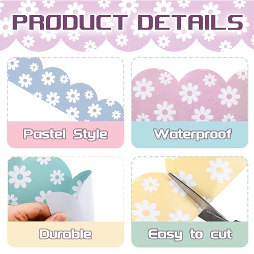 Image of Fuutreo 6 Roll 197 ft Pastel Daisy Flower Bulletin Board Borders Classroom Decoration Summer Daisy Scalloped Edge Border Trim Decor for Back to School Chalkboard Office Wall