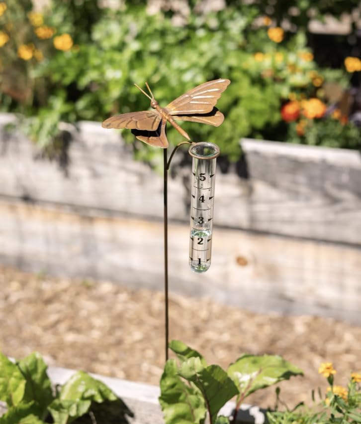 Handcrafted Butterfly Garden Rain Gauge – Decorative Steel & Stone Yard Stake – Functional & Ornamental Outdoor Rain Collector – Ideal Gift for Gardeners