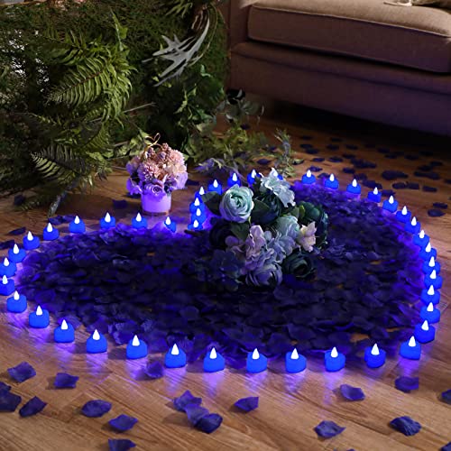 Image of Coume 6000 Pieces Artificial Rose Petal 72 Pieces LED Tealights Candle, Romantic Decorations Special Night Rose Petal Heart Candle for Valentines Wedding Anniversary Proposal Decor(Blue Light)