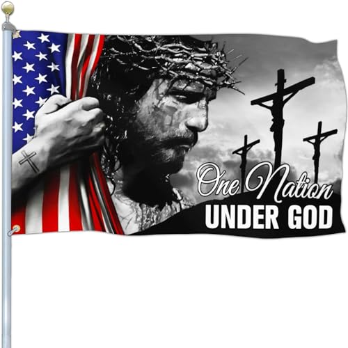 NASIAN One Nation Under God Flag 3x5 Ft Patriotic Christian Jesus American Flags for Outside 4th of July American Flag with Jesus Worship Banner Outdoor House Yard Decorations