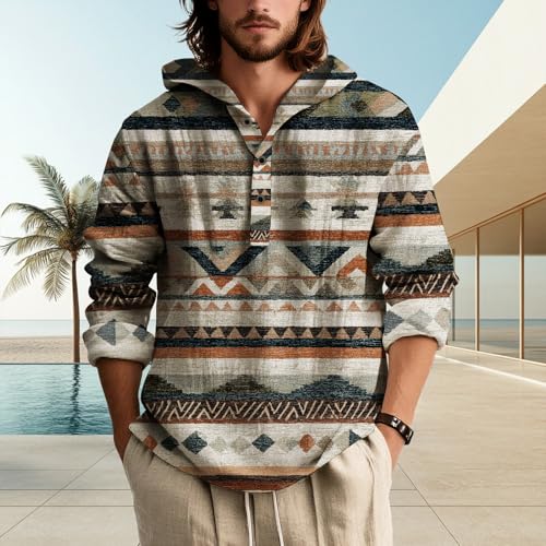 Aztec Hoodie for Men 2025 Fall Trendy Button Up Hooded Sweatshirts Lightweight Baggy Western Pullover Shirts2