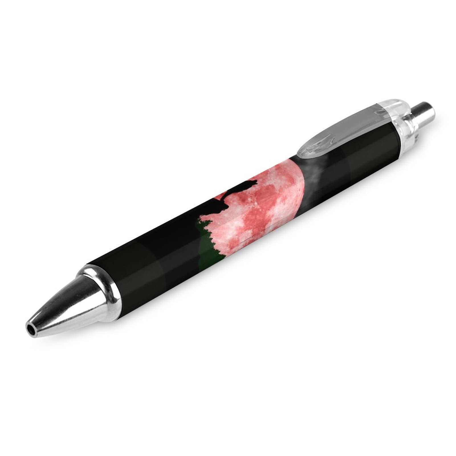 Stylo à Bille Rétractable Motif Loup Hurlant Et Lune - Encre Noire, Clip, 13.5 Cm, Pour Bureau