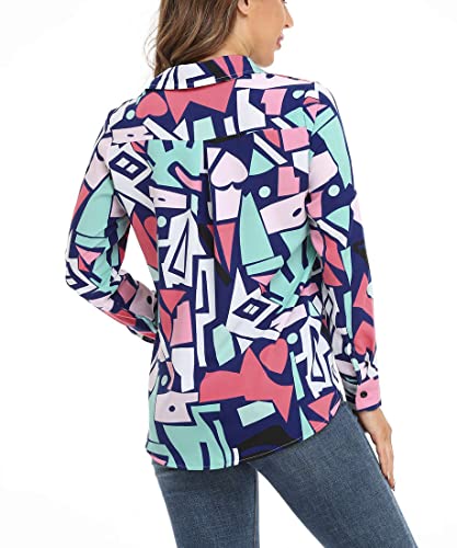 Women Long Sleeve Casual Button Down Shirts V Neck Fashion Geometric Business Blouses Tops Blue Xx-Large #TOP4