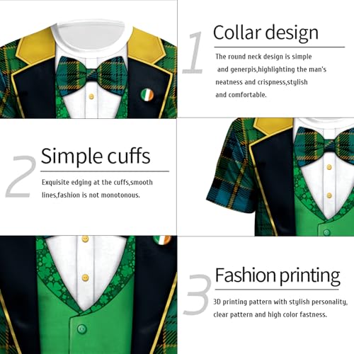 Image of Eciodci Men's St Patricks Day T-Shirts Novelty 3D Printed Shamrock Tuxedo Tees Shirt Clover Leaves Casual Short Sleeve Shirts