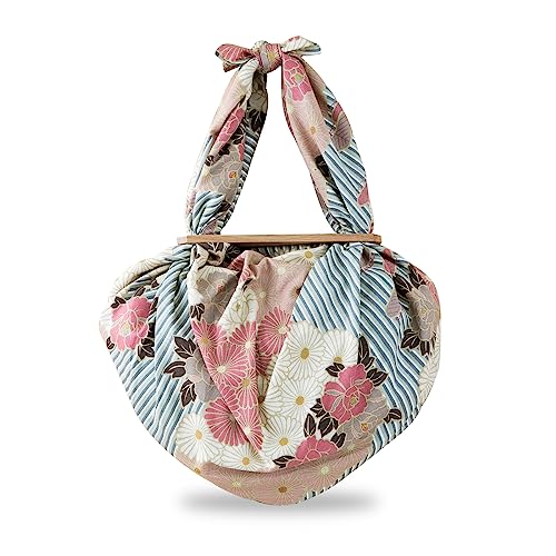 NOREN Furoshiki Wrapping Cloth Bag and Handle Set (Retro Flower Pinkbeige / 39.4 inch) Handbag Japanese Tote Bag Reusable Folding Bag with Pockets/Made in Japan 100% Cotton Japanese Kimono Desigh
