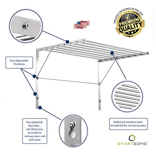 Smartsome | Wall Mounted | Clothes Drying Rack | 30" Wide | 20 Linear Feet Capacity | 8 Smooth Round Stainless Steel Rods | 60 Lb Capacity | Fully Assembled | Compact Sturdy Space-Saving Design #TOP4