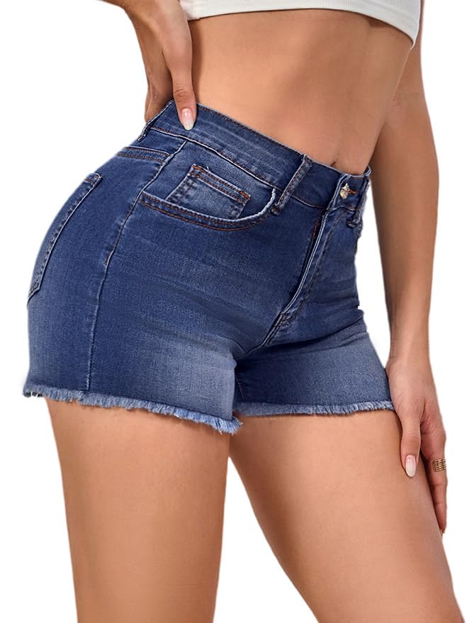 Image of VIPONES Women Mid Rise Jeans Shorts Frayed Raw Hem Summer Stretchy Casual Denim Shorts