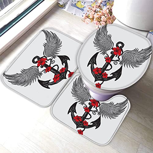 Zifarm Badematte rutschfeste 50x80 cm Anker Badvorleger-Set 3D Drucken Blumen Flügel Nautisch Mikrofaser Flanell… – Bild 5