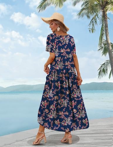 Image of YESNO Women Casual Loose Bohemian Floral Dress with Pockets Short Sleeve Long Maxi Summer Beach Swing Dress EJF