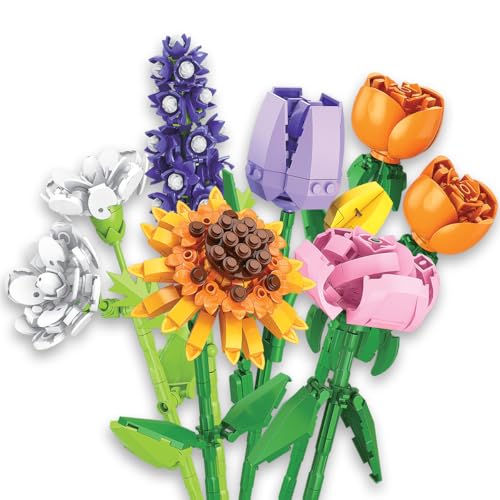 #sbabam Brixel Flower Fusion Set di Costruzioni Floreali,Funny Box con 3 Fiori Diversi, Mattoncini Colorati per Bambini 6+ Anni, Kit Decorativo