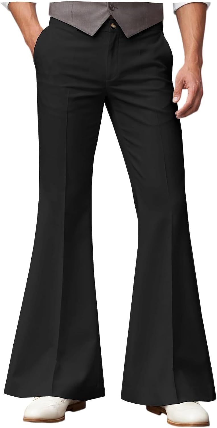 Men's 70s Retro Flare Pants Bell Bottom Disco Trousers Stretch Slim Fit Vintage Dress Slacks for Halloween Party