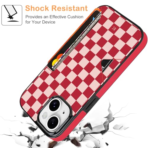 uCOLOR for iPhone 13 14 15 Case with Card Holder- Slim Leather Wallet Case Credit Card Holder Drop Protective Hidden Card Slot Cover for Woman Man (Red Checkerboard, iPhone 15/14/13) by uCOLOR - Used condition - Image 6