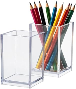 Dezzer Clear Acrylic Pen Holder, Pencil Pot & Makeup Brush Organiser | Multi-purpose transparent desktop storage for pens, pencils and makeup brushes, ideal for office, school and home vanity
