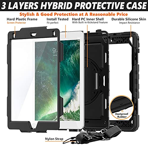 Hxcaseac Case For Ipad Pro 9.7" Inch & Air 2 & 9.7 Inch Case 2018/2017/2016/2014 With Screen Protector Pencil Holder, Shockproof Case With 360 Degree Rotating Hand Strap/Stand For Ipad 9.7" - Black #TOP5