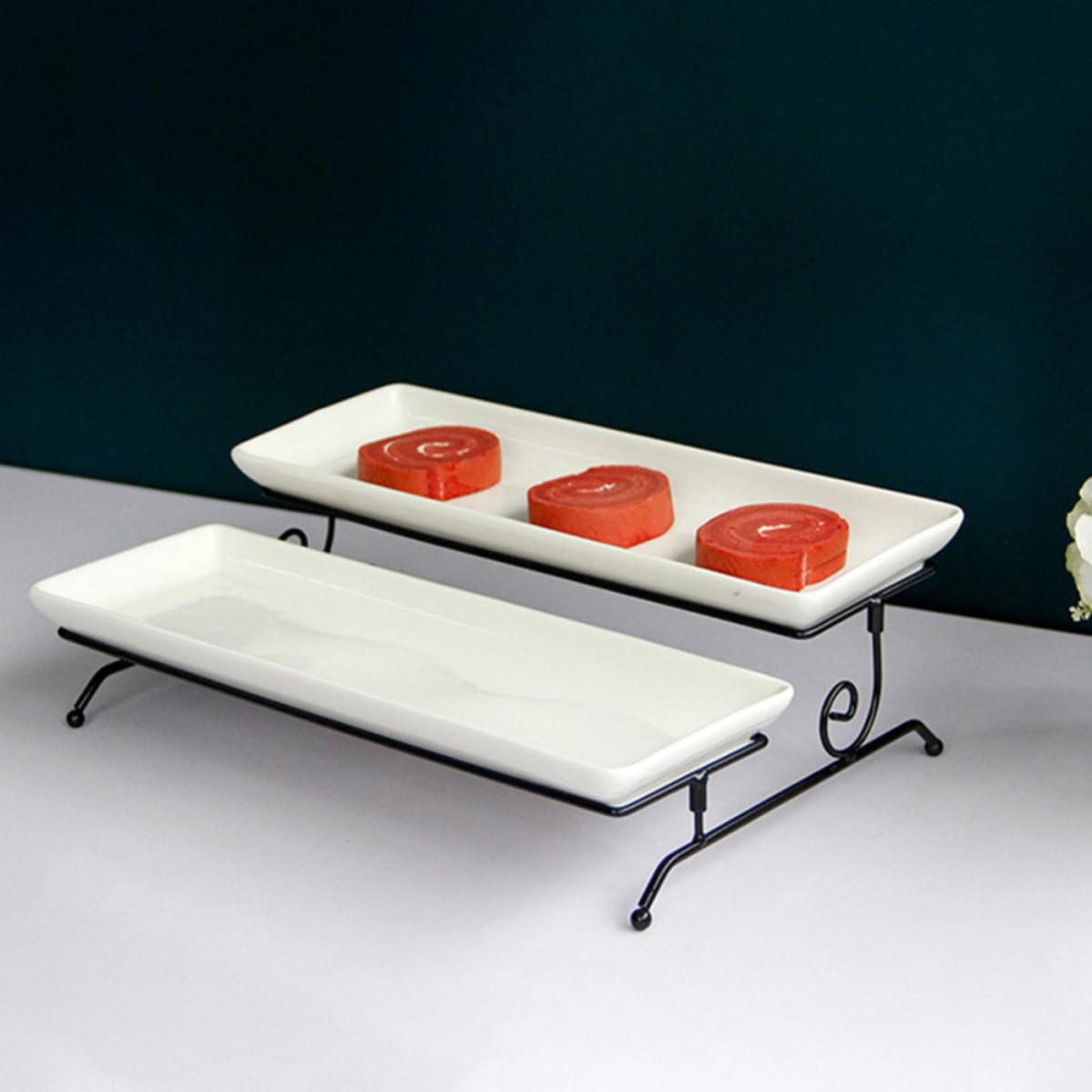Soporte para Servir Pasteles de Doble Capa, Cerámica y Hierro Blanco