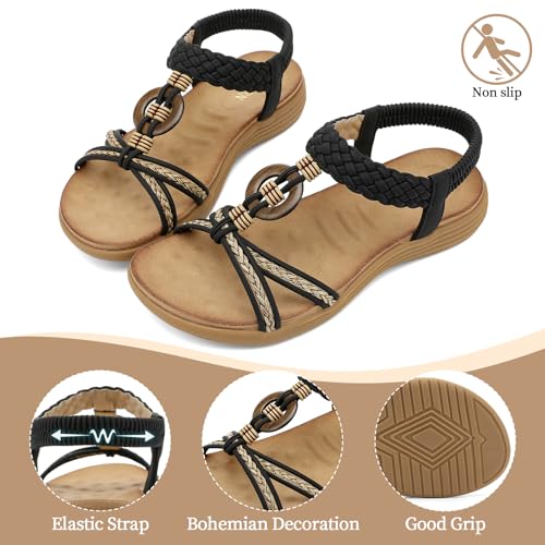 Image of UBFEN Womens Bohemian Flat Sandals With Back Strap Summer Beach Comfortable Bling