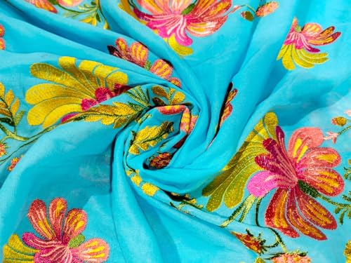 Tissu voile 100% coton brodé bleu - Réf 15895 pour couture