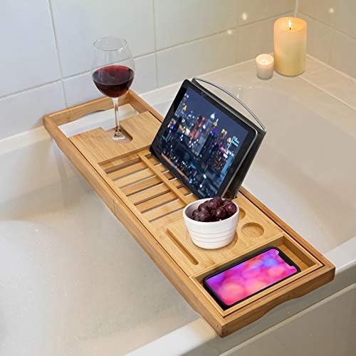 TRIXES Premium Bamboo Bath Caddy  Extendable Luxury Home Relaxation Spa Experience for Bathrooms  Wine Holder  Book Stand Rack Phone Slot  Candles  Side Tray Compatible with Tablets E-Readers