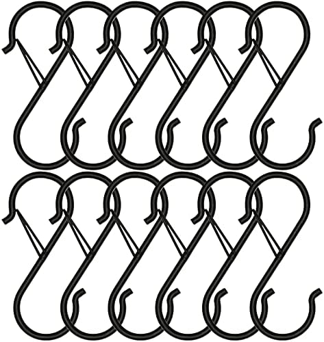 Mzekgxm 12 Pack S Hooks for Hanging, Safety Buckle Design Heavy Duty Metal Black S Hooks for Hanging Plants, Kitchenware, Pots, Pans, Cups, Clothes, Towels, Bags in Kitchen, Bathroom, Closet, Garden
