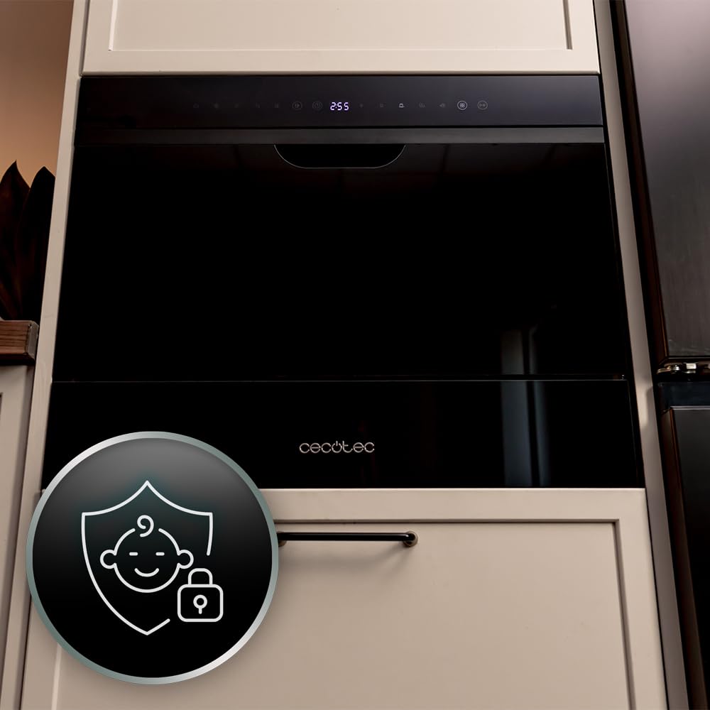 Cecotec Lavavajillas Compacto Semi Integrable 6 Cubiertos Bolero Aguazero 2500 S-BI Black Glass. 1380W, Acabado Cristal negro, Bajo Consumo, 5 Programas, Panel Táctil, Comienzo Diferido