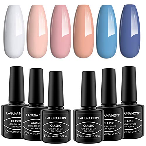 Lagunamoon Gel Nail Polishes, White Pink Blue 6 Colours 8ml Gel Polish Set, Soak off Nail Polish Gift Set, Nail Varnish Sets for DIY Nail Art Manicure and Salon Use