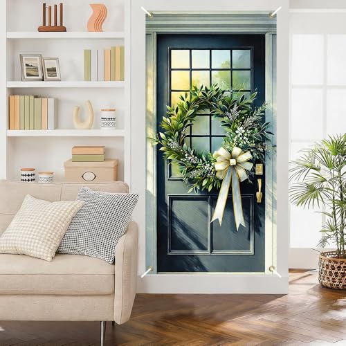 Image of Green Leaf Ring White Flower Cream Bow Door Cover 35x71in
